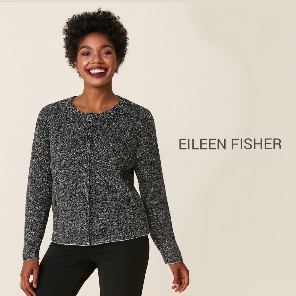 Eileen Fisher Melange Linen Grain Textured Black & White Cardigan